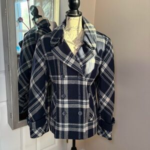 Talbots Navy and White Plaid Pea Coat
